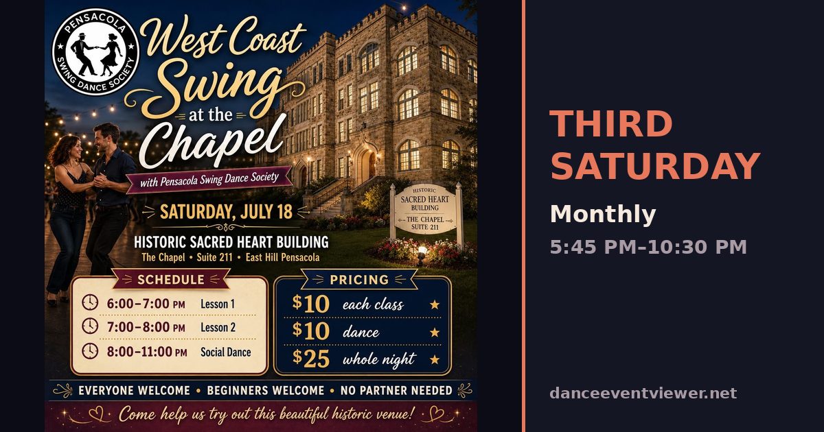 3rd Saturday West Coast Swing classes and Dance at The Old Sacred Heart Hospital flyer