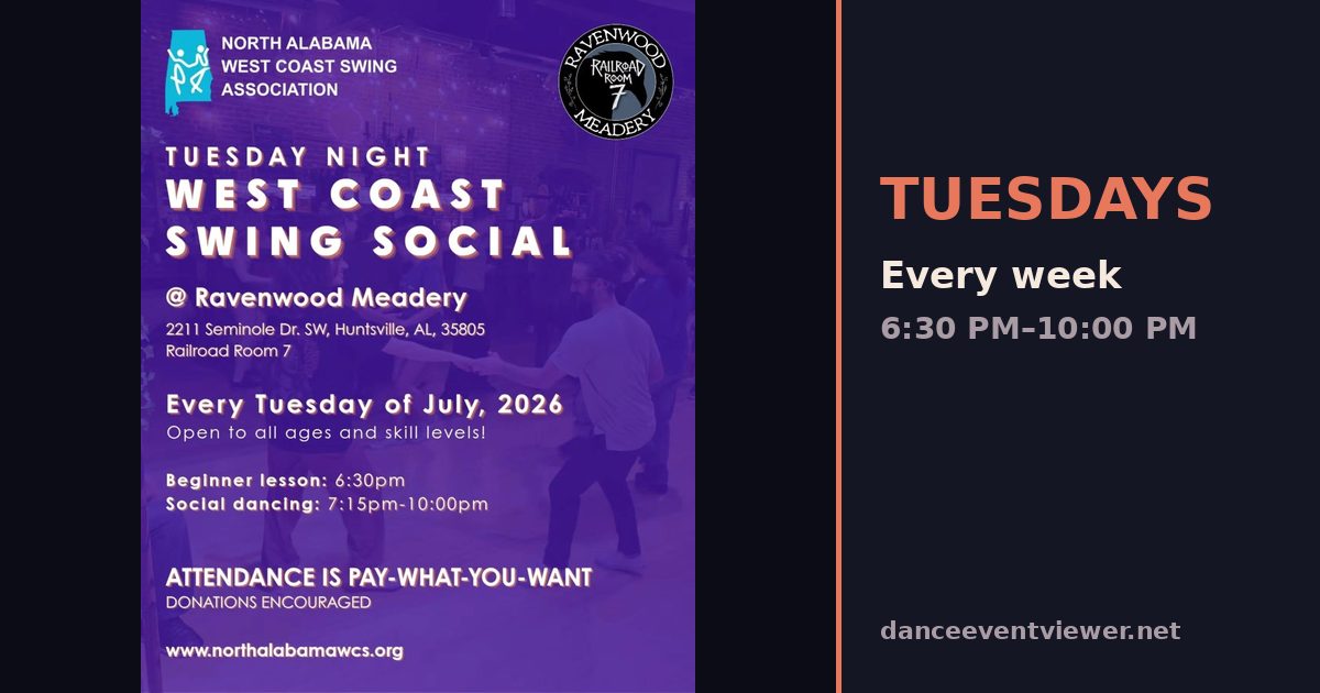 North Alabama Tuesday Night West Coast Swing Social flyer