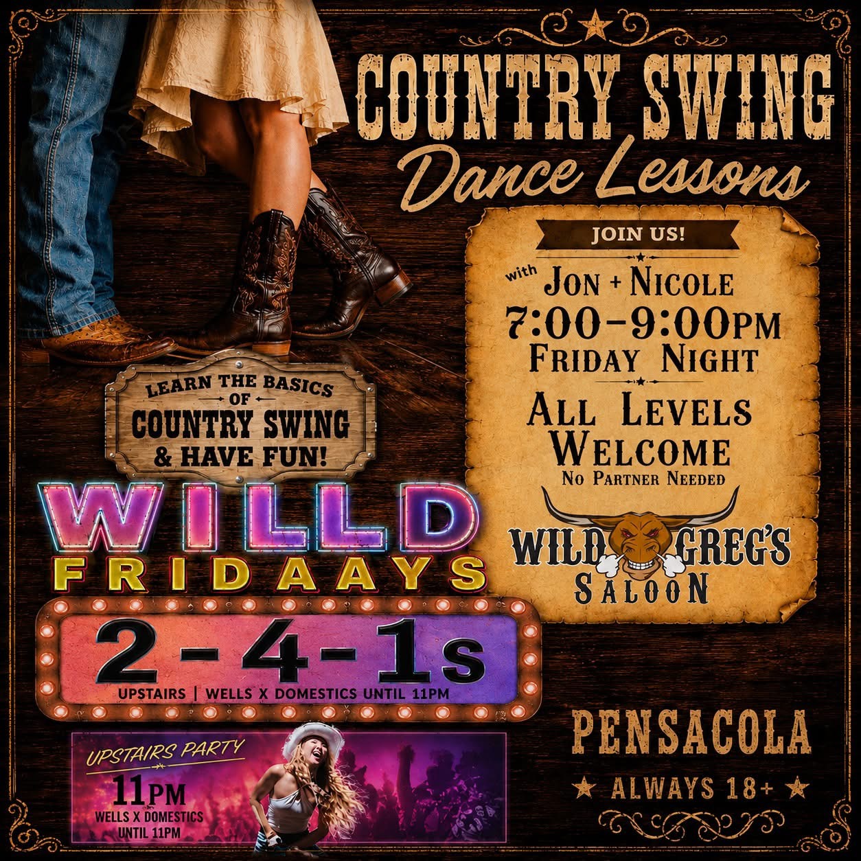 Country Swing Dance Lessons with Jon & Nicole at Wild Greg's flyer